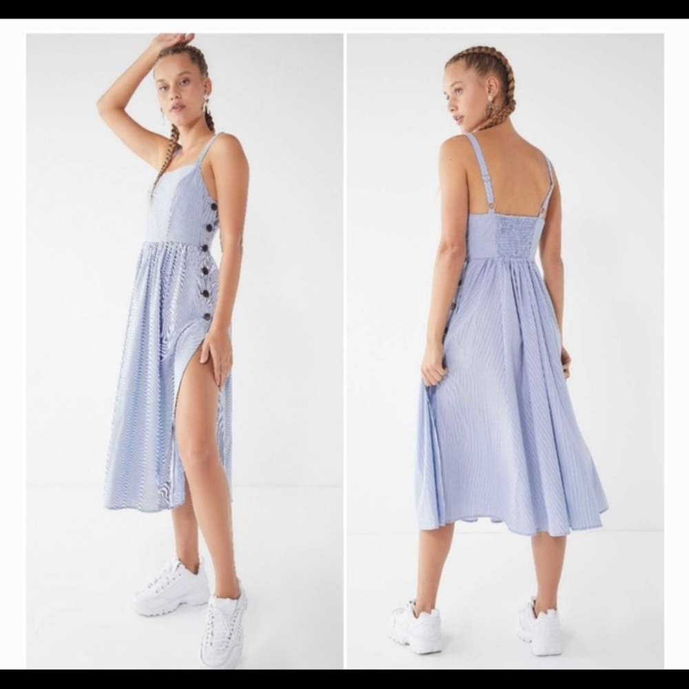 UO Kaye Blue Stripe Square-Neck Button Side Dress